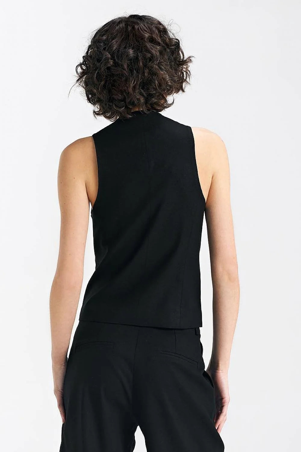 Gilet pour femme élégant sans manches en viscose, lin et coton, coupe cintrée, col V, boutons noirs, poches passepoilées