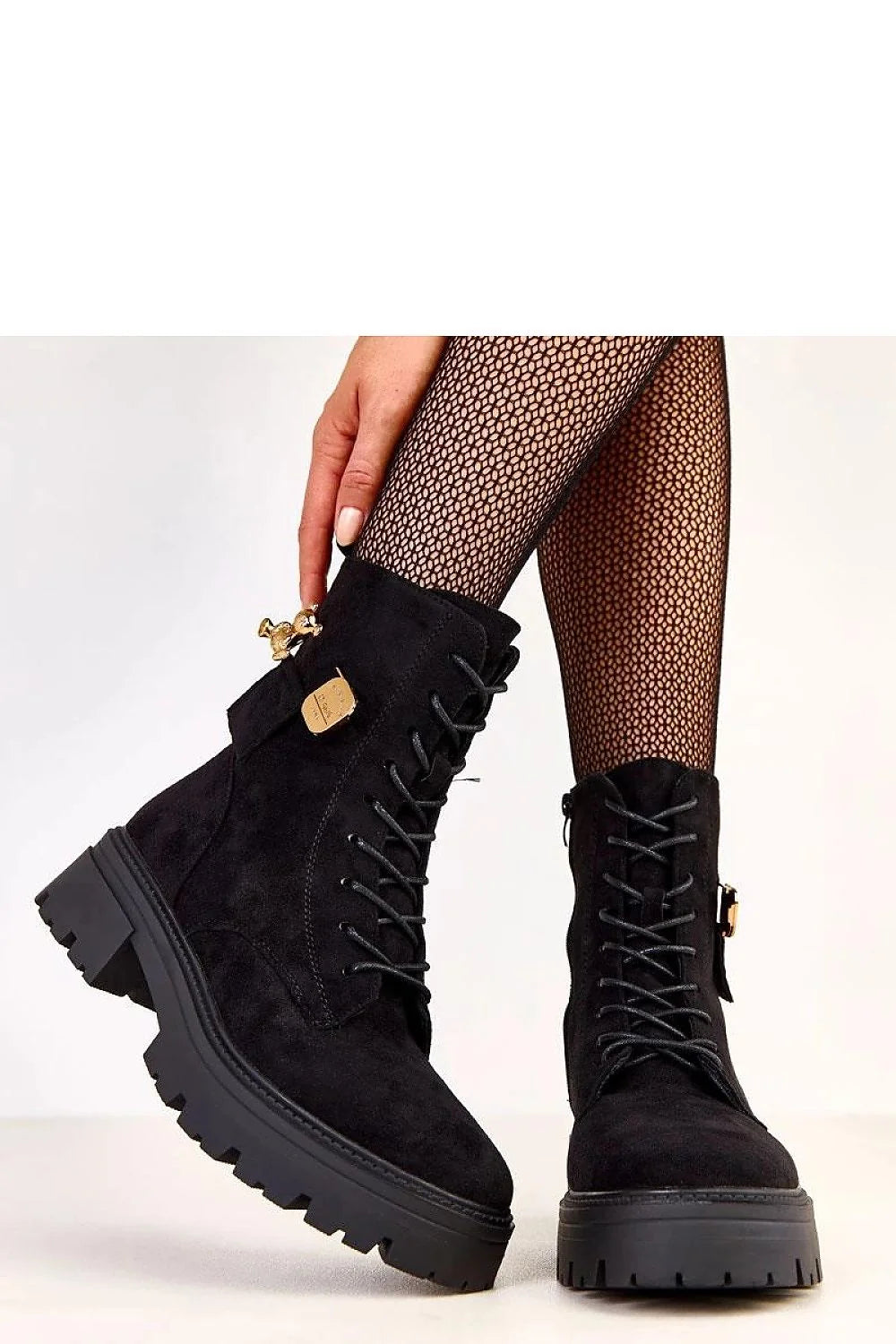 bottines femme montantes cuir suédé écologique noir rockchic laçage zip latéral pompon doré ourson isolation thermique talon55mm semellecrantée caoutchouc confortable
