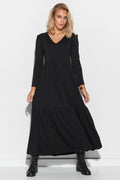 Robe longue élégante Makadamia en tissu noir confortable manches longues col V pour femmes modernes