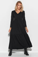 Robe longue élégante Makadamia en tissu noir confortable manches longues col V pour femmes modernes