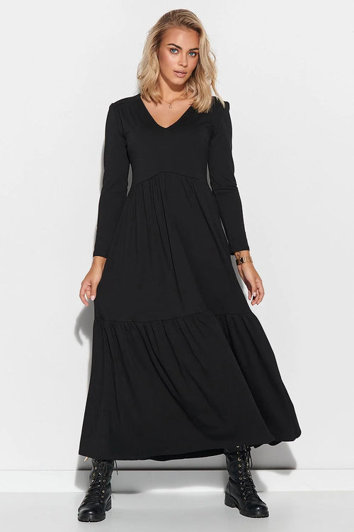 Robe longue élégante Makadamia en tissu noir confortable manches longues col V pour femmes modernes