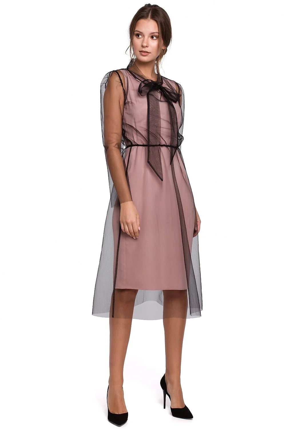 Robe cocktail tulle noir élégante moderne vieux rose superposée nœud transparent femme chic tendance