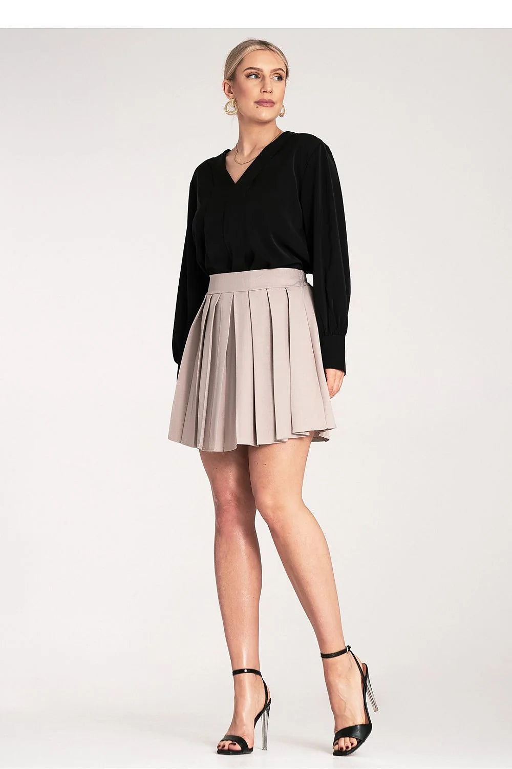 Jupe courte Figl en polyester et élasthanne plissée beige clair taille haute ceinture intégrée femme occasion formelle ou semi-formelle