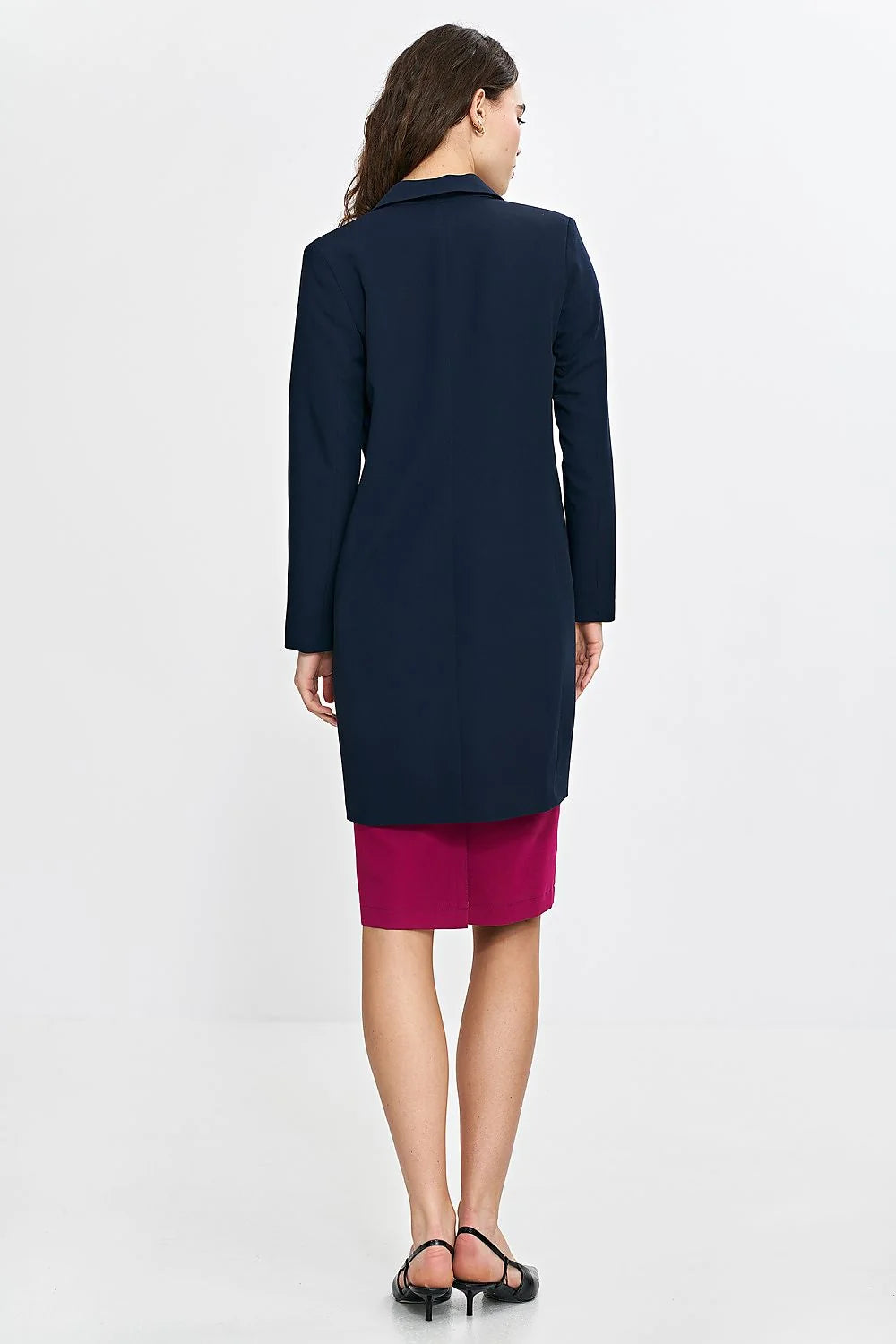 Veste élégante pour femme coupe droite longueur genou bleu marine laine polyester manches longues épaulettes double bouton