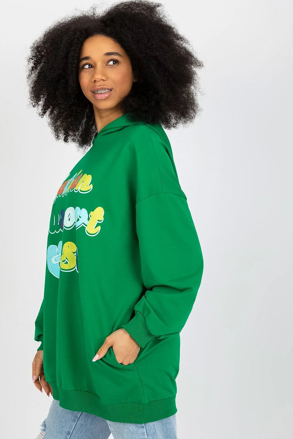 Sweatshirt Femme Fancy Vert Vif Graphisme Multicolore Manches Longues Capuche Coton Élasthanne Casual Urbain