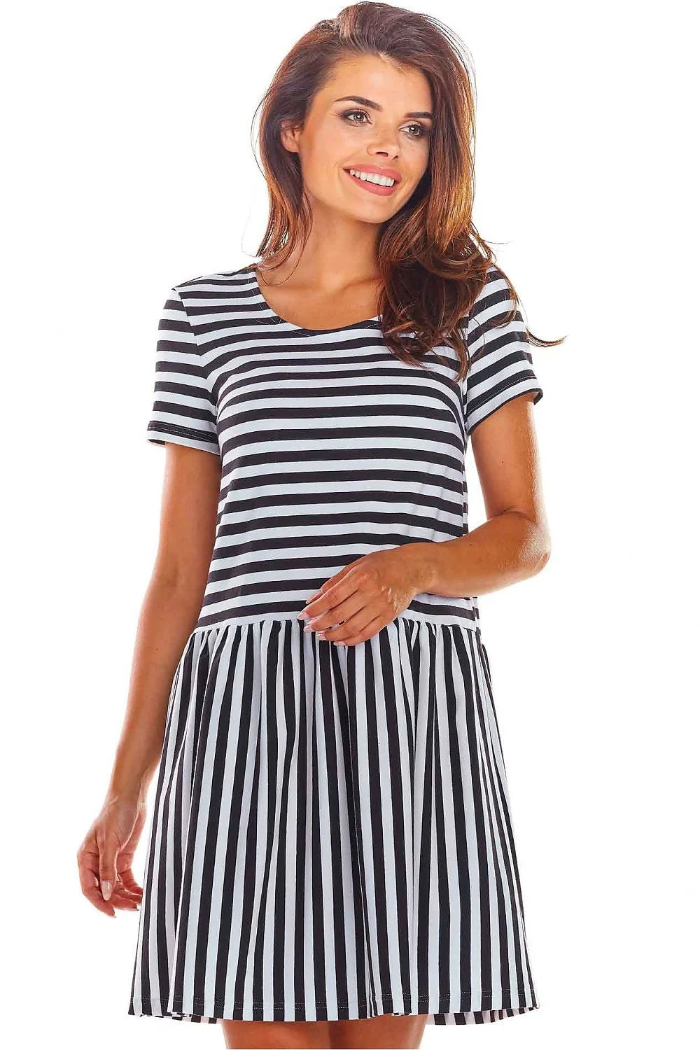 Robe de jour moderne Infinite You rayures horizontales et verticales coton élasthanne manches courtes col rond femme élégance quotidien semi-formel