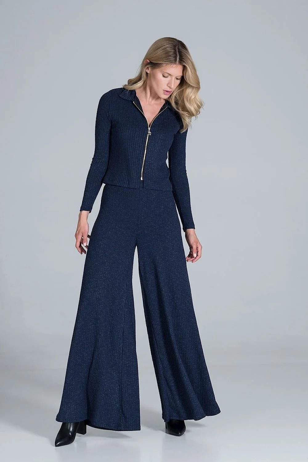 Ensemble coordonné femme automne printemps maille côtelée élégant confortable vert foncé fermeture éclair ajusté