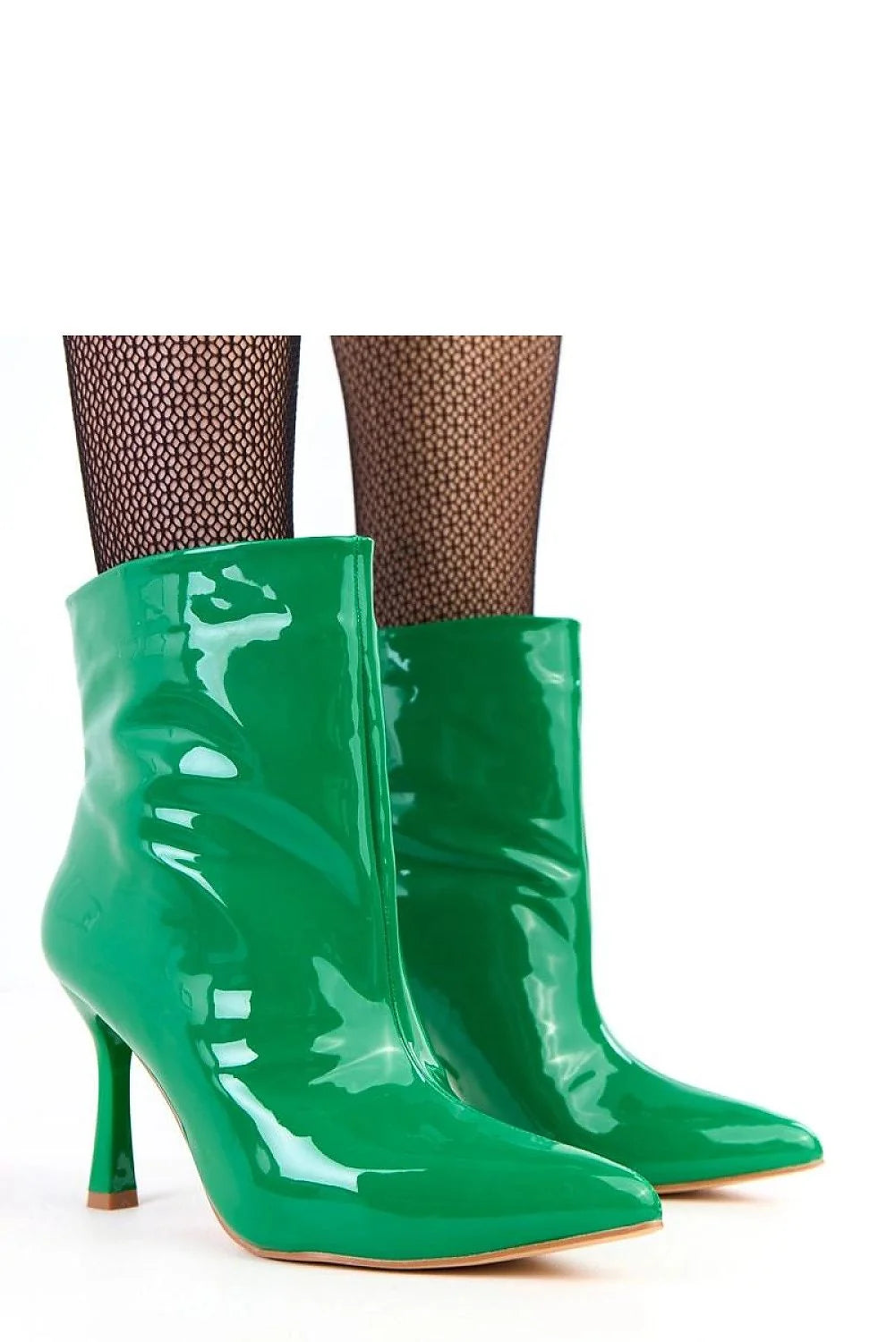 bottines vernies cuir écologique effet laqué vert émeraude bout pointu tige 13cm talon aiguille 9cm silhouette élancée semelle légère