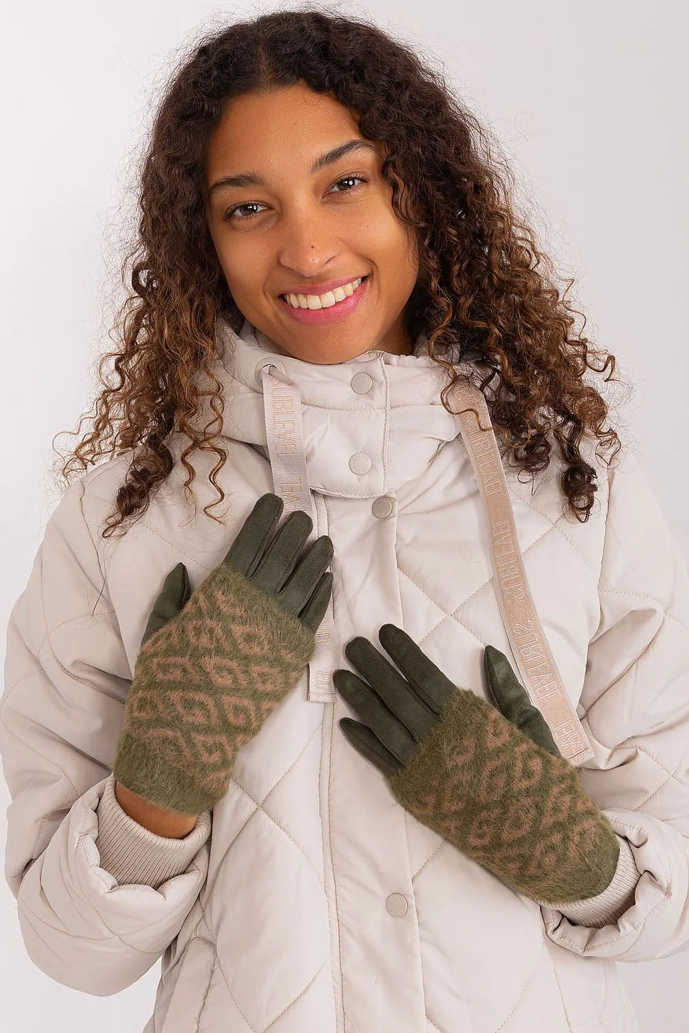 Gants pour femmes style damier vert olive et brun isolation détachable manches longues style classique moderne