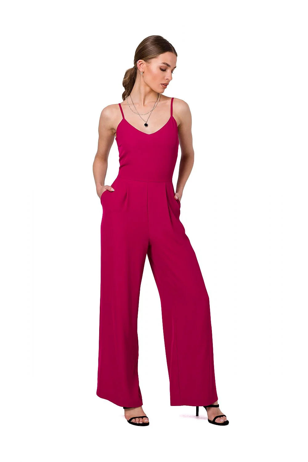 Combinaison élégante pour femme sans manches bretelles fines couleur magenta matière élasthanne polyester taille ajustable coupe moderne style sophistiqué occasion bureau dîner