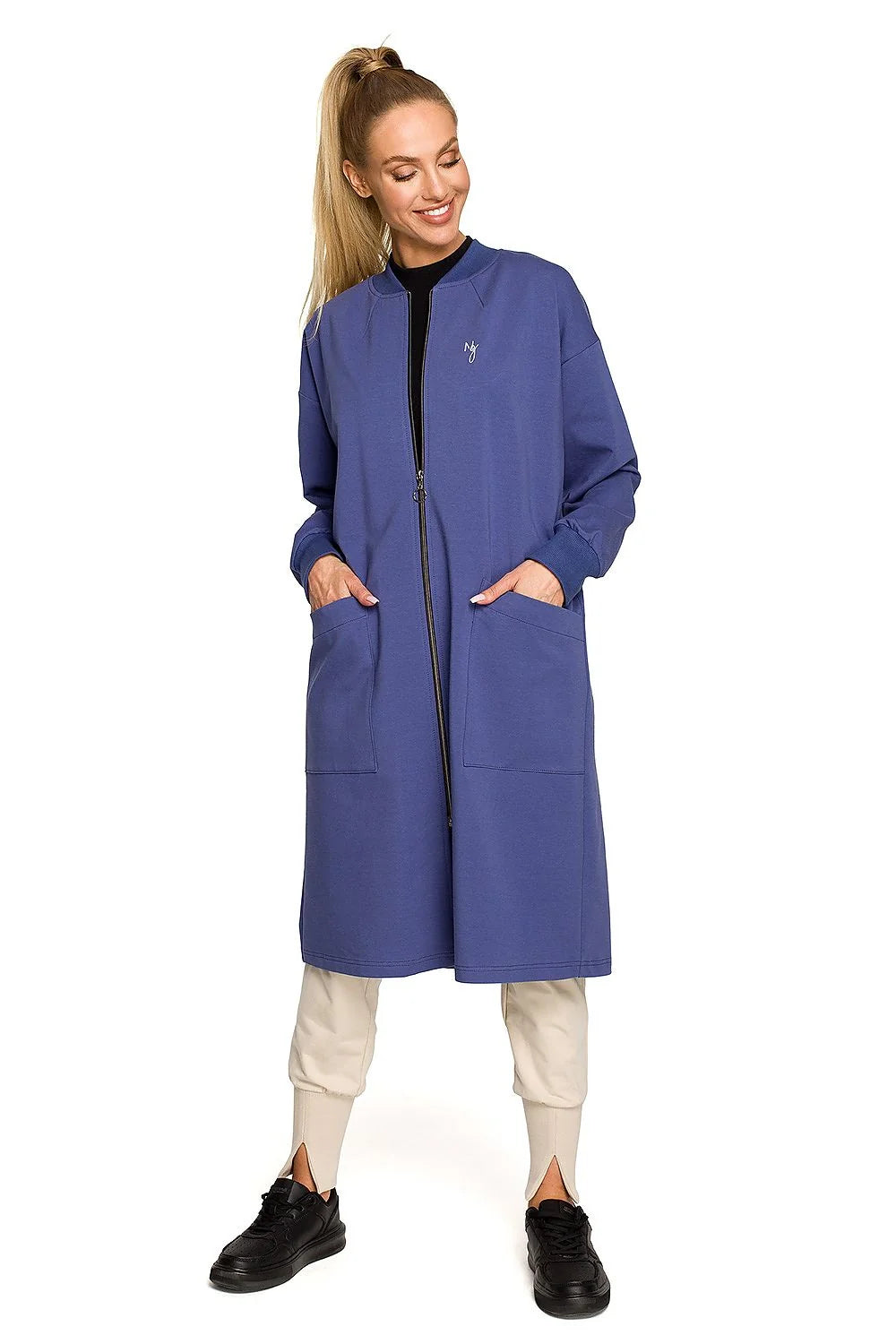 Manteau long pour femmes moderne décontracté coupe ample coton élasthanne beige clair poches latérales fermeture éclair femmes