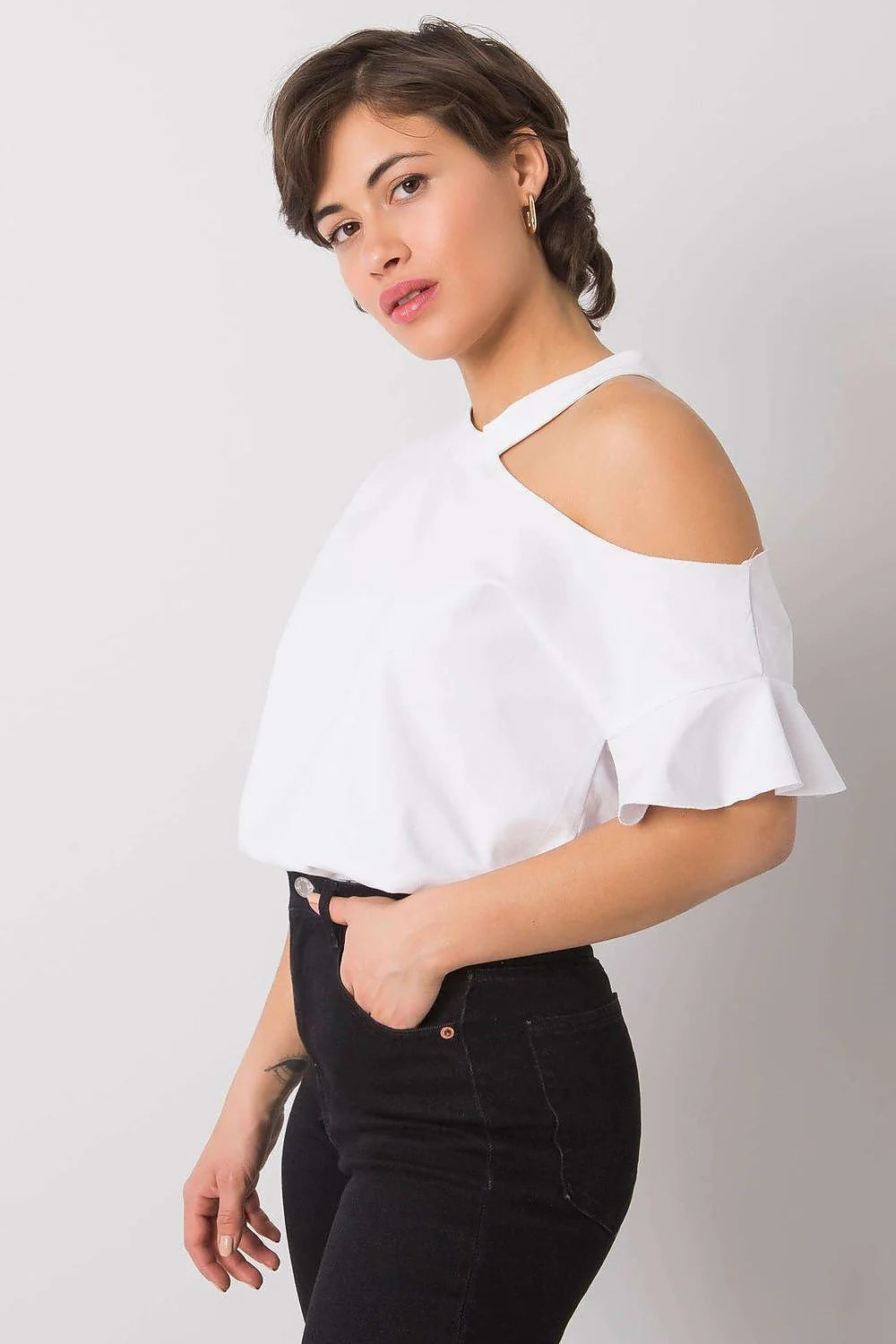 Blouse Fancy asymétrique pour femme, style cold shoulder, manches courtes, couleur rose vif, coton stretch, confortable, versatile, occasion多种