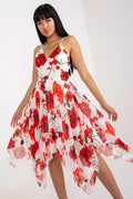 robe estivale bretelles réglables floral grandes roses rouges asymétrique évasée ourlet pointes décolleté V croisé cintrée mousseline doublée bohème