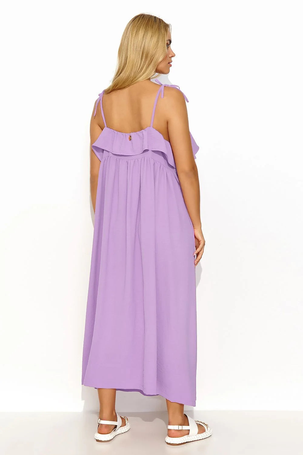Robe de jour Makadamia longue oversize bretelles fines tissu fluide éclat subtil volant encolure dos nu bling bling été printemps
