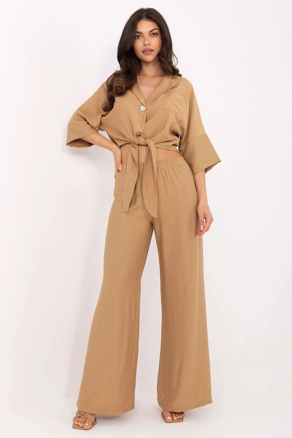 Ensemble féminin Och Bella camel deux pièces bohème décontracté hauts manches 3/4 pantalons larges femmes été 2023