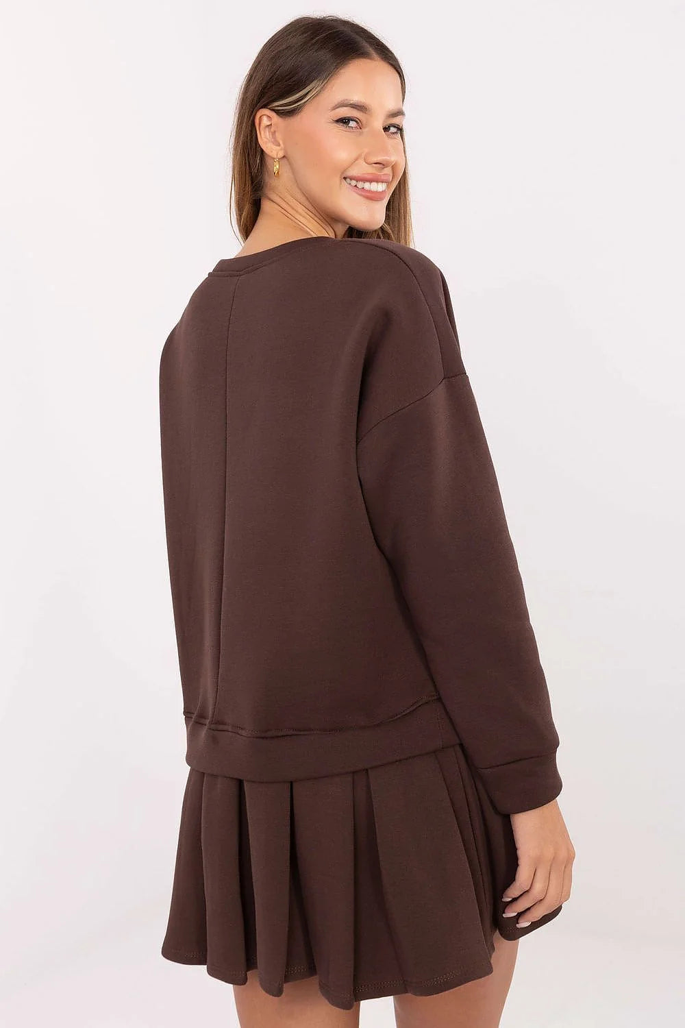 robe molleton femme coton élasthanne col rond manches longues épaules tombantes coupe évasée jupe plissée mini marron chocolat