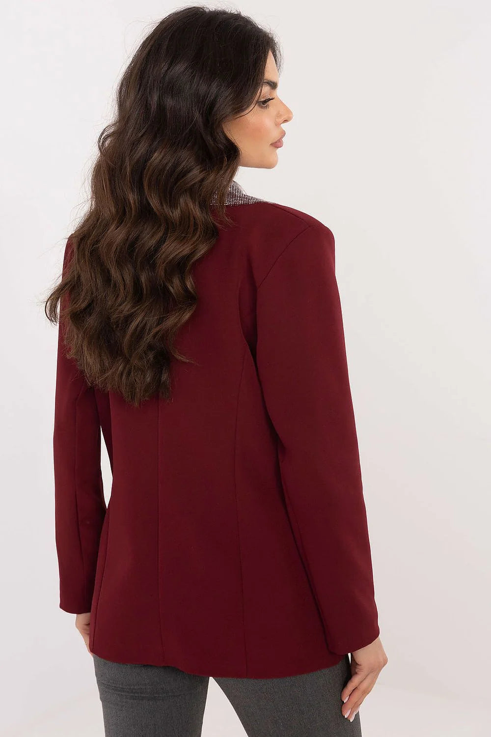 Veste blazer femme élégante longue col châle épaules structurées tissu mélange polyester viscose revers pailletés bordeaux argenté occasion formelle