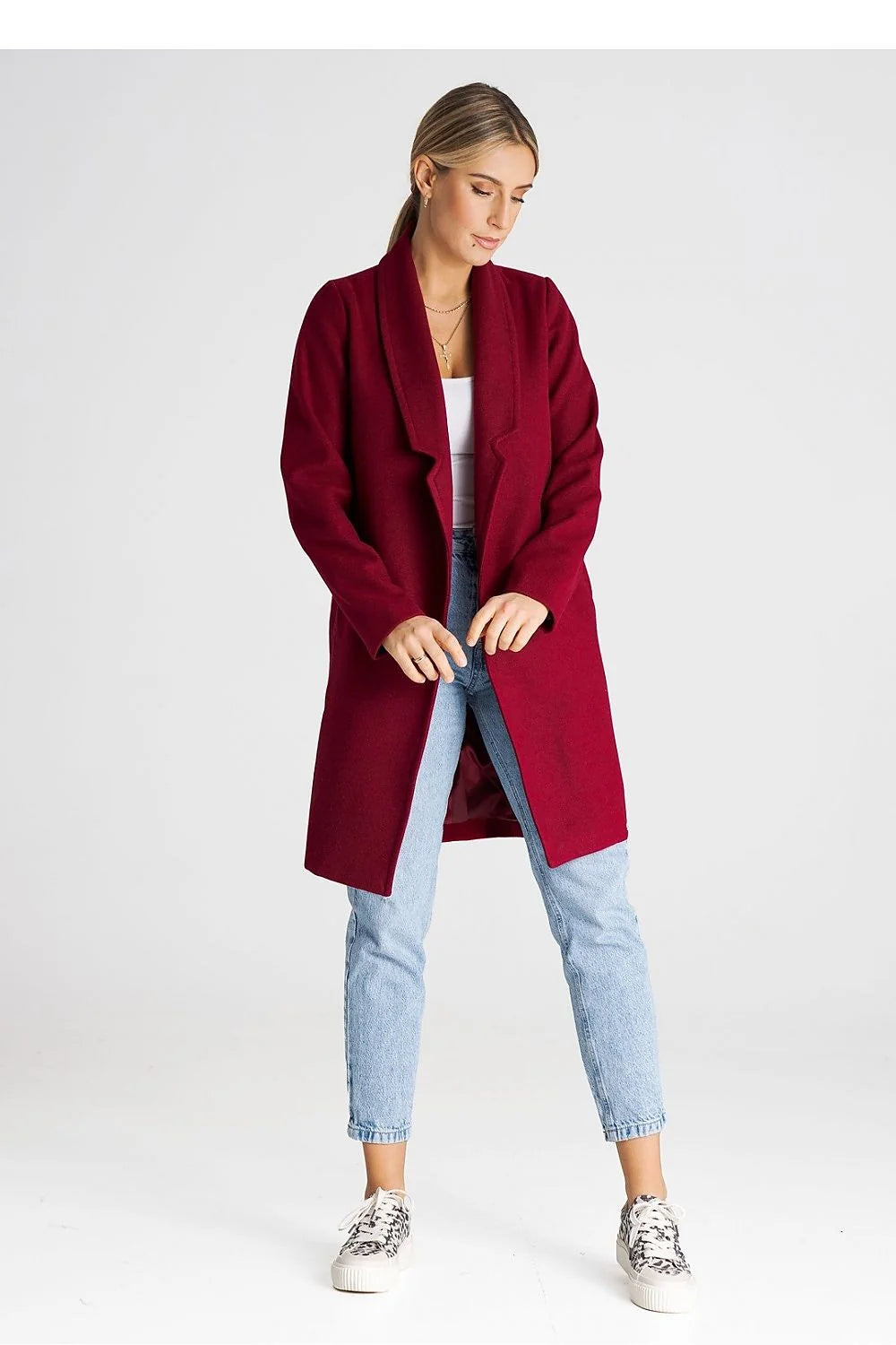 Manteau pour femme élégant longueur genoux couleur bordeaux col châle ceinture ajustable laine mélangée doublure intérieure manches longues automne hiver