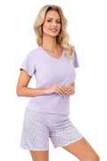 pyjama femme élégant confortable coton jersey doux respirant imprimé floral violet blanc tshirt colV manches courtes short taille élastique