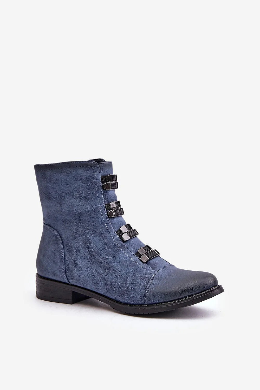 Bottes élégantes pour femme style moderne bleu denim cuir artificiel détails métalliques montantes cheville coupe près cheville semelle robuste talon carré confortable usage ville quotidienne