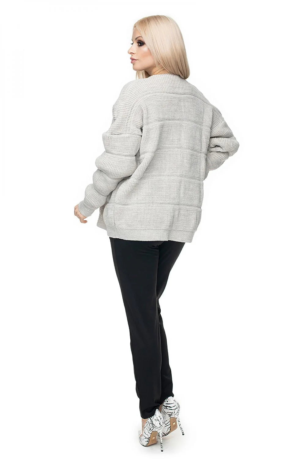 Cardigan Pee Ka Boo pour femme motif unique manches longues maille grise acrylique 100% coupe droite sans fermeture