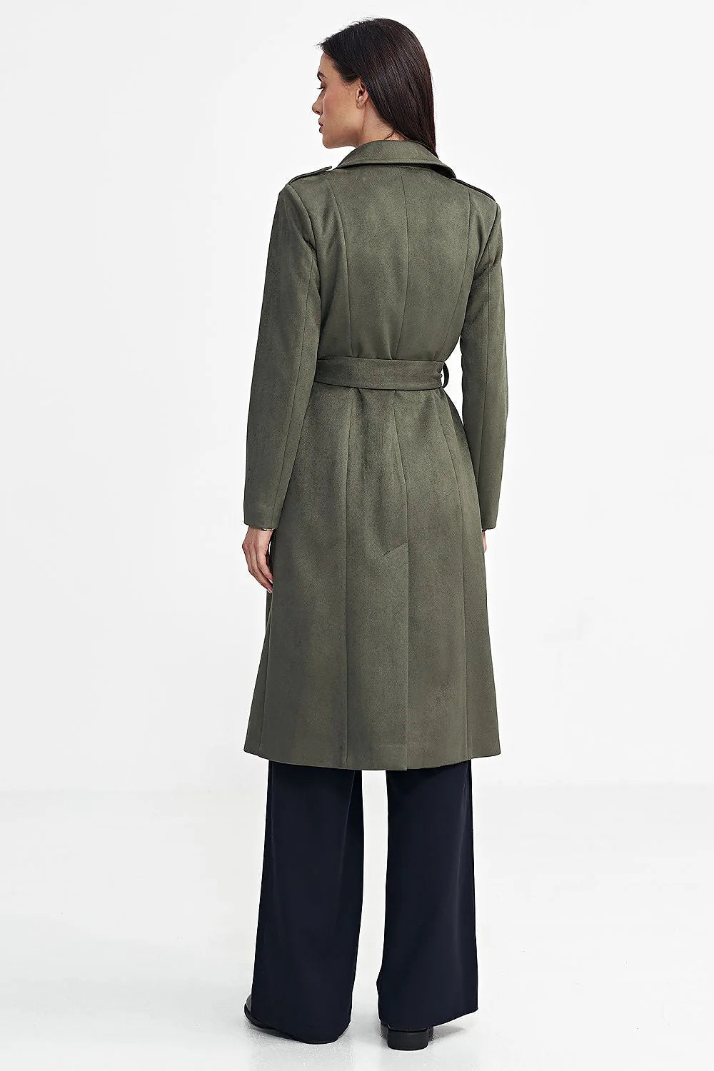 Manteau classique pour femme en vert olive coupe ajustée ceinture incluse boutons ton sur ton laine doublure confortable occasionnels formelles et décontractées