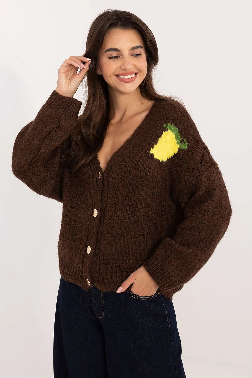 Cardigan décontracté pour femme en tricot épais motifs citron couleur brun profond boutons classiques manches longues