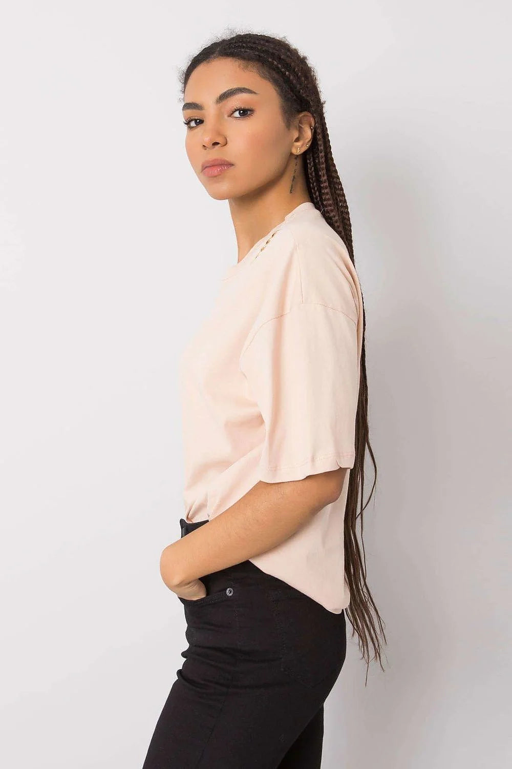 T-shirt Rue Paris femme en coton 100% ample manches courtes encolure ronde chaîne dorée beige clair S M L