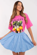 T-shirt et jupe Italy Moda ensemble été T-shirt ample coton imprimé graphique jupe évasée bleu ciel femmes occasion décontractée