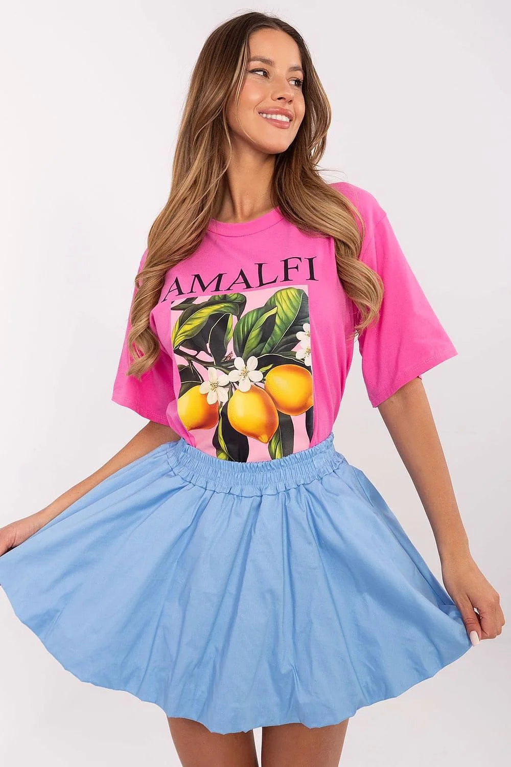 T-shirt et jupe Italy Moda ensemble été T-shirt ample coton imprimé graphique jupe évasée bleu ciel femmes occasion décontractée