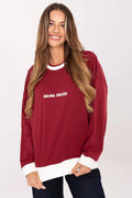 sweatshirt femme oversize bordeaux molletonné doux coton polyester col rond contrasté blanc manches longues poignets ourlet brodé logo casual sportchic