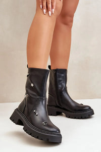 Bottines femmes style moderne audacieux cuir éco haut de gamme zipper latéral semelle épaisse accessoires métal