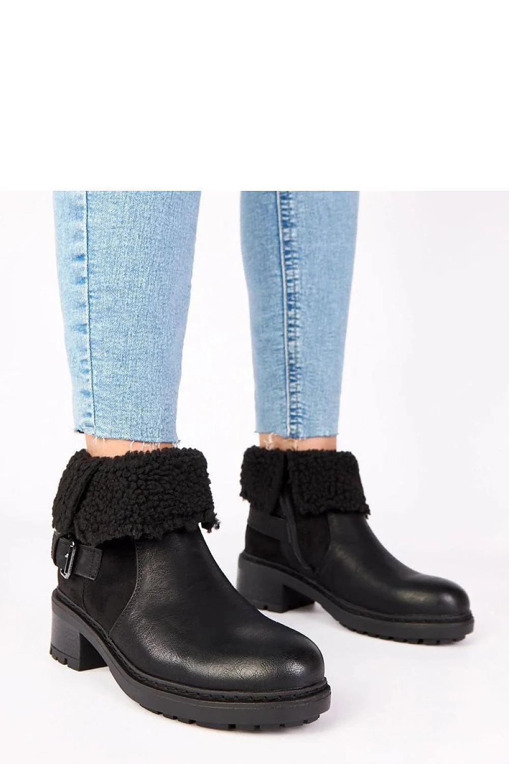 bottines femme cheville noir cuir synthétique col retroussable fourrure sherpa bout rond semelle crantée antidérapante talon bloc moyen zippée confortable