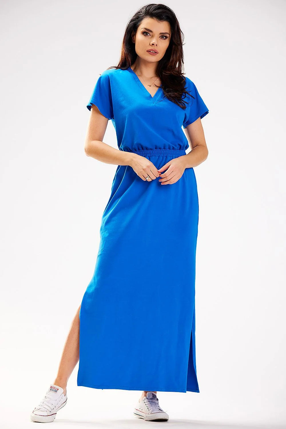 Robe de jour Infinite You longue manches courtes col en V bleu vif femme élégance confort été