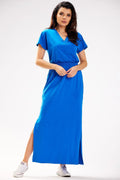 Robe de jour Infinite You longue manches courtes col en V bleu vif femme élégance confort été