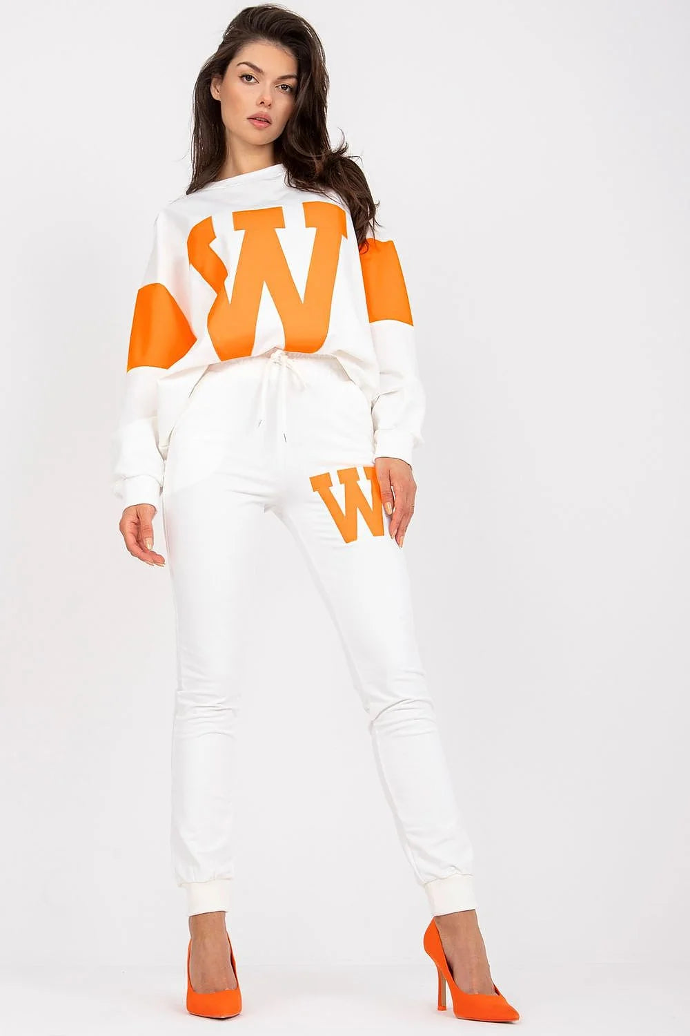 Ensemble Fancy pour femme sweatshirt manches longues pantalon slim taille élastique coton élasthanne blanche orange tendance mode