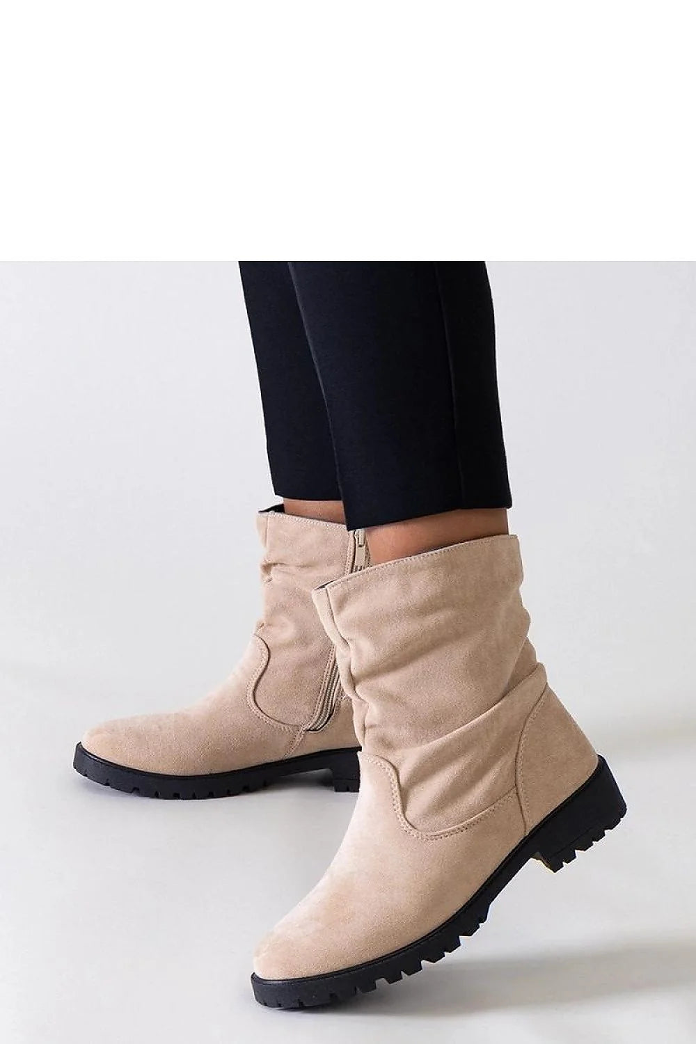 Bottines pour femmes design moderne couleur beige suédine écologique fermeture éclair talon bas semelle antidérapante occasion quotidienne