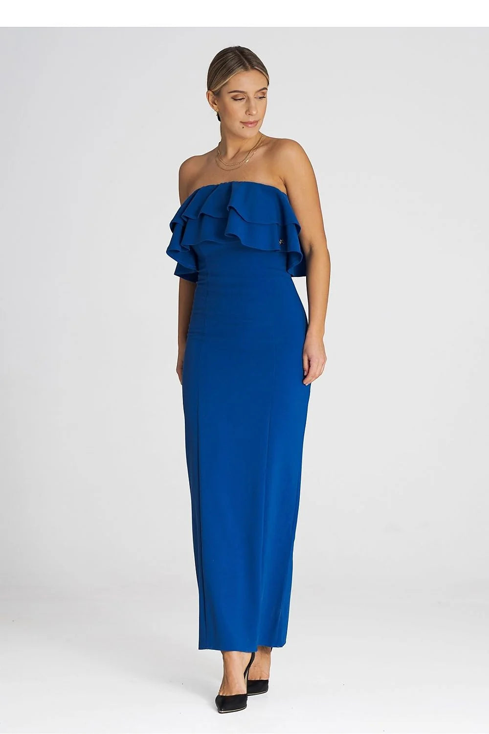 Robe de cocktail élégante longue sans manches volants double encolure bleu vif femmes occasion spéciale