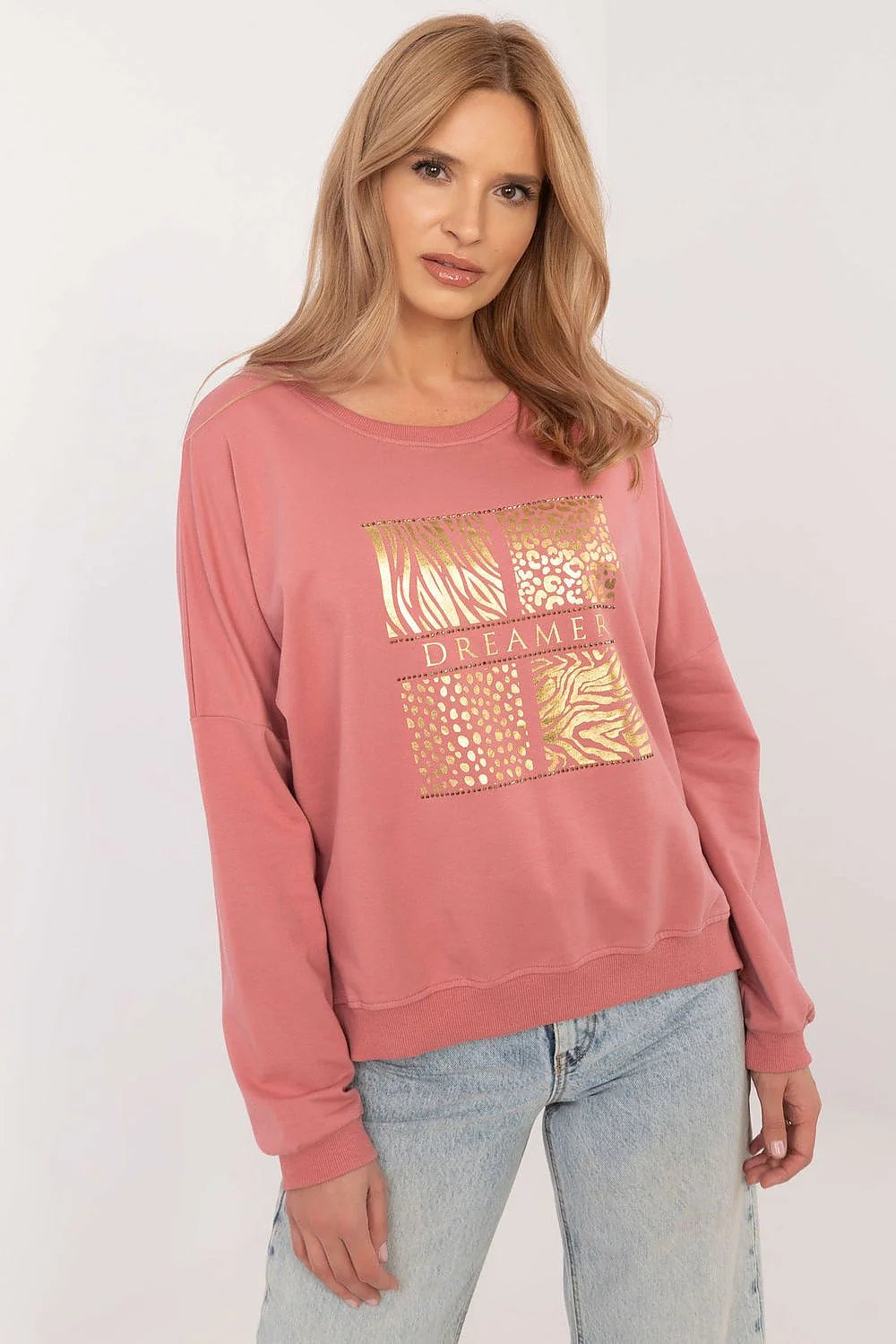 Sweatshirt pour femme style décontracté motif animal print coton élasthanne rose poudré manches longues coupe ample