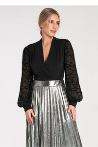 body cachecoeur noir colV profond jersey stretch moulant taille cintrée manches longues bouffantes tulle transparentes broderies géométriques scintillantes perles sequins