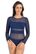 Body Teyli modern et élégant mixte matières opaque et transparent bleu marine col rond manches longues fermeture confortable femmes