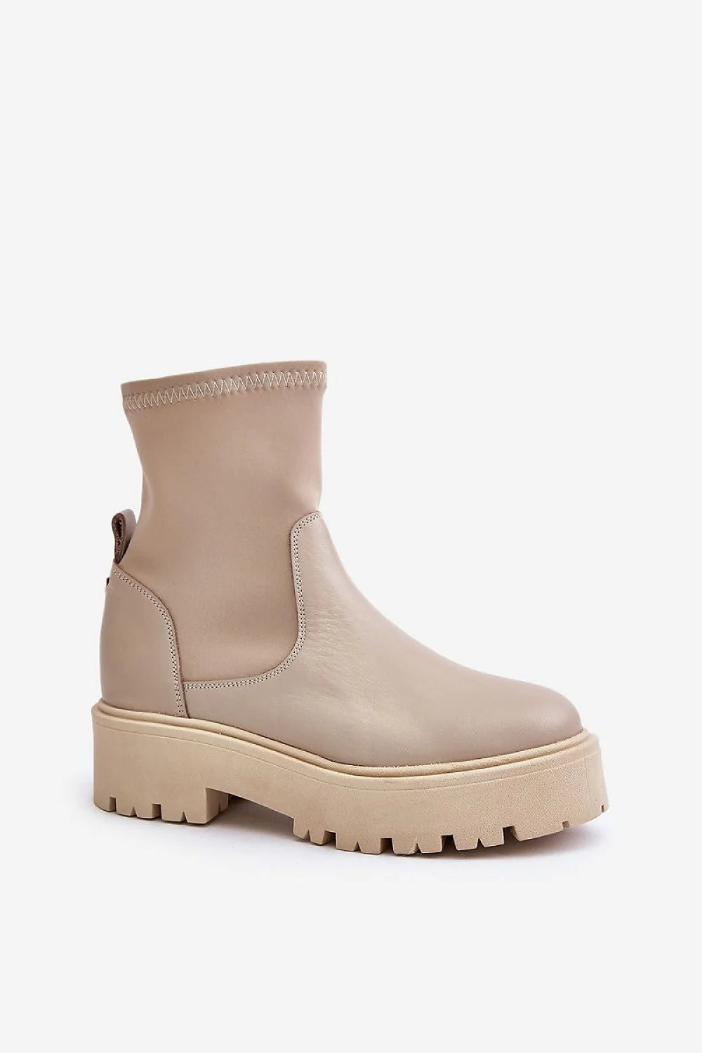 bottines femme mi mollet beige simili cuir lisse minimaliste slipon stretch cheville elastique semelle crantee plateforme talon stable confort urbain