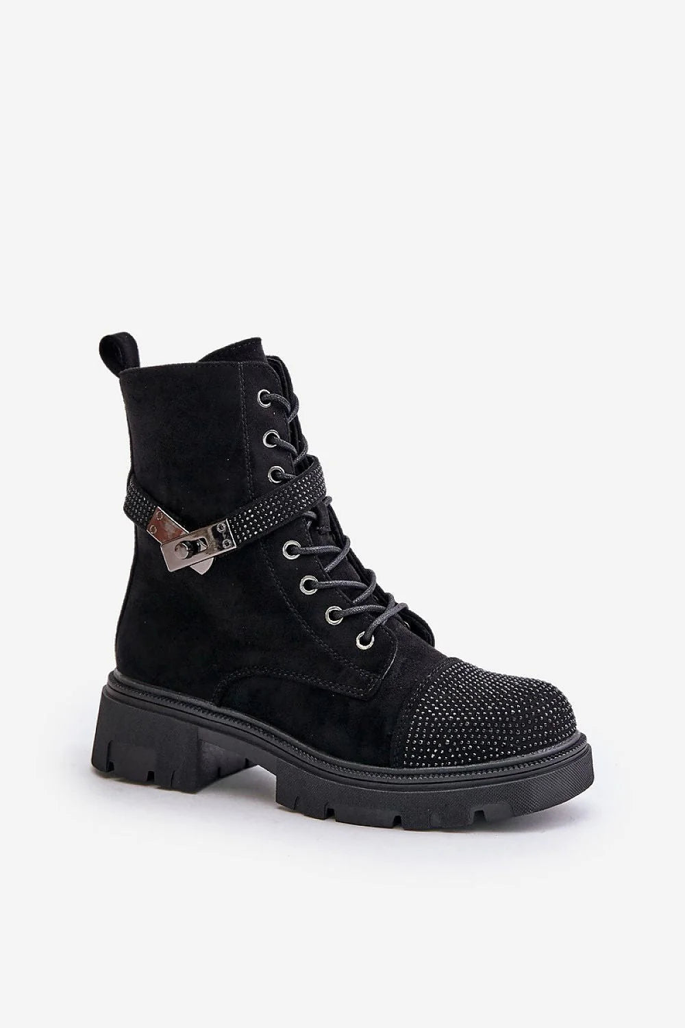 bottines femme suédine noire cheville bout arrondi strass lacets fermeture éclair latérale bride boucle argentée clous semelle crantée épaisse traction
