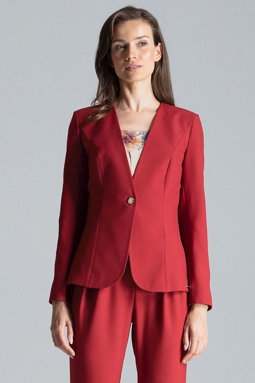 Veste tailleur femme rouge polyester élasthanne élégante ajustée manches longues professionnelle réunions formelles