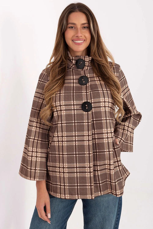 manteau carreaux marron beige court mi saison coupe évasée hanches col montant gros boutons poches latérales lainage épais