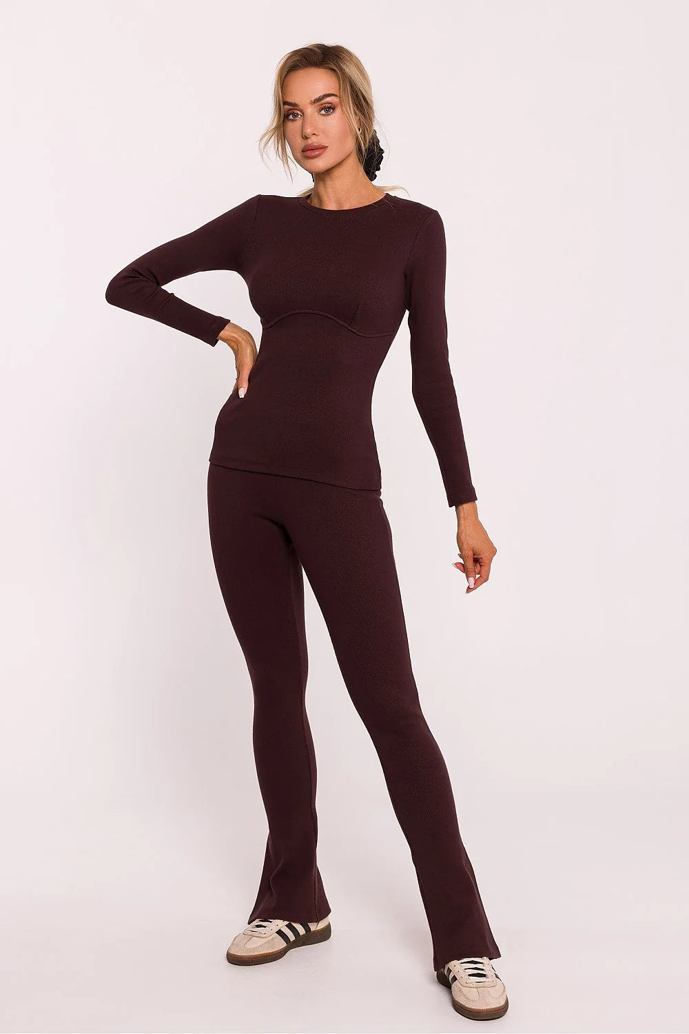 Chemisier Moe Femme en Coton Côtelé Manches Longues Style Corset Taille Ajustable Bordeau Élégance Moderne