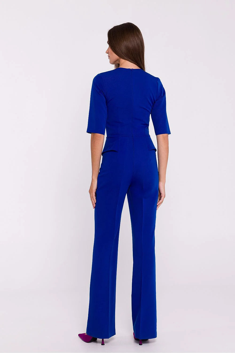 Combinaison Stylove élégante moderne bleu vif décolleté en V manches mi-longues taille structurée jambe droite femme occasion semi-formelle soirée