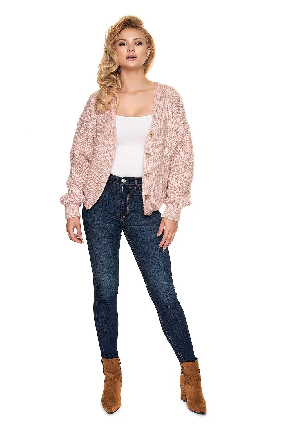 Cardigan oversize femme maille épaisse beige doux confort décontracté manches longues boutons bois élégant