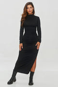 Robe de jour élégante longue manches longues col montant fente latérale jersey noir femmes
