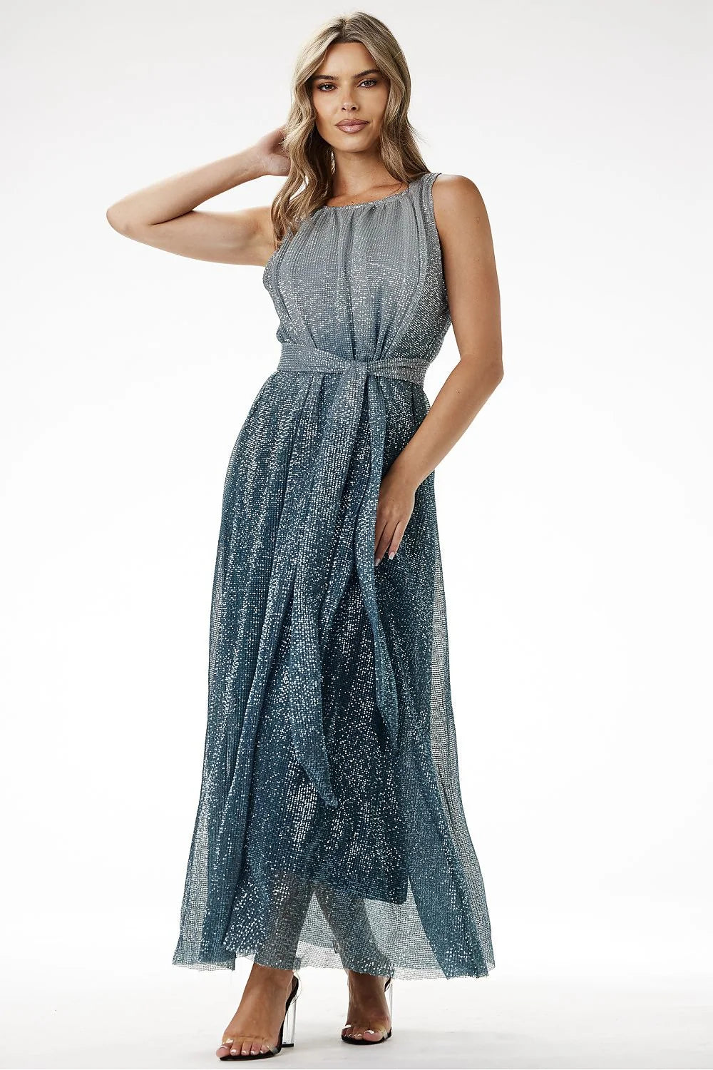 robe longue élégante effet ombré maille pailletée doublure satin ajustée ceinture intégrée bleu gris profond scintillante glamour soirée mariage gala